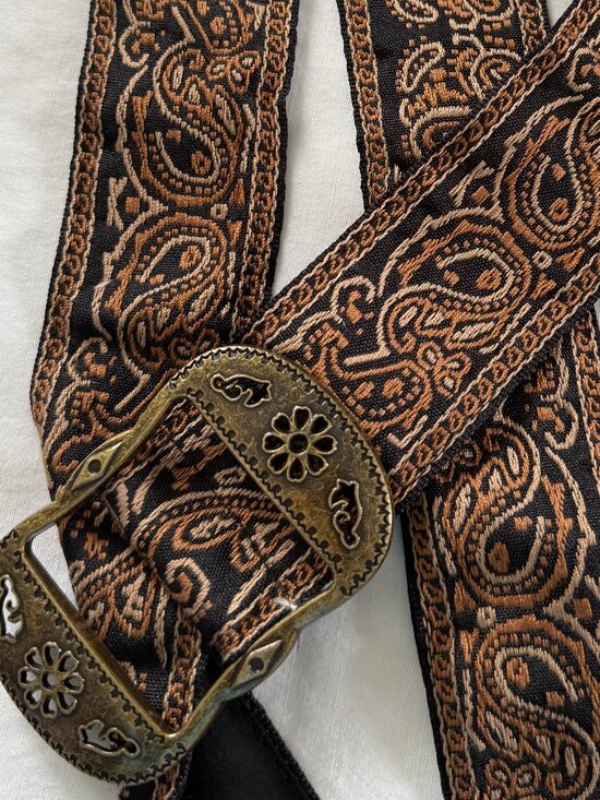 POL Boho Earth Tones Western Inspired Embroidered Brass Metal Buckle Fabric Belt